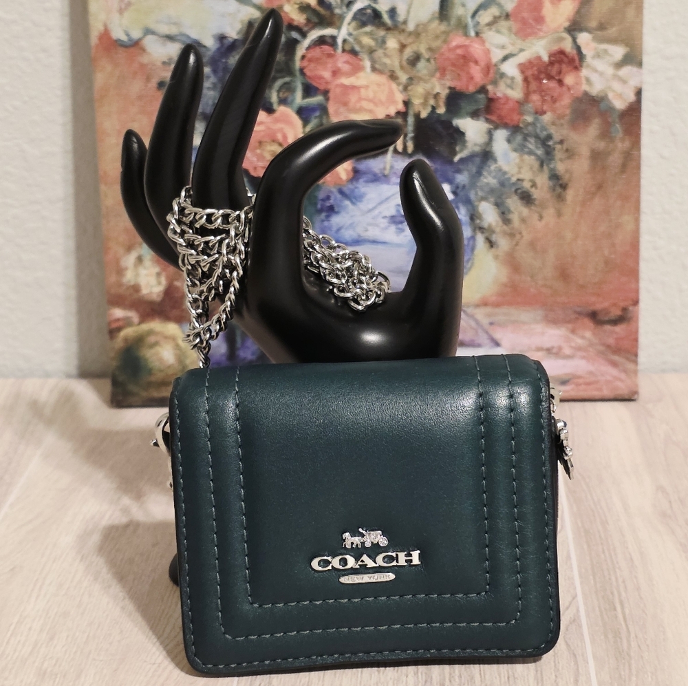 Coach Mini Wallet on Chain Border Quilting Ivy Green Silver C7364 Credit Card ID